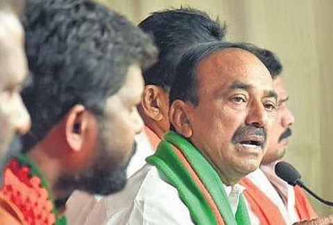 BJP MLA Eatala Rajender addresses the media at the BJP’s Nampally office in Hyderabad on Saturday
