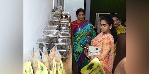 Consumers browse through the products during the inauguration of the FPO in Hyderabad’s Public Gardens. (Photo | RVK Rao)