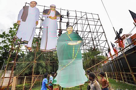 Preparations underway for the AIADMK's General Council meeting, in Chennai, on July 10, 2022. (Photo | PTI)