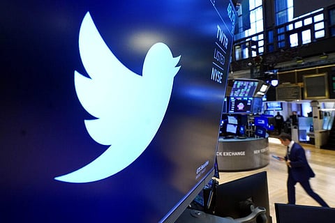 The logo for Twitter appears above a trading post on the floor of the New York Stock Exchange, Nov. 29, 2021. (Photo | AP)