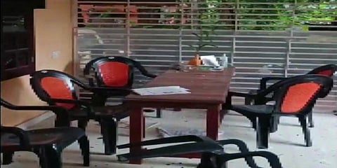 RSS office in Payyannur, Kannur which was allegedly bombed early this morning, leaving the window glass broken. (Photo | ANI)