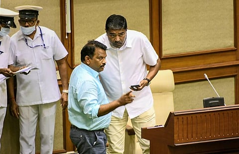 Congress MLAs Michael Lobo and Sankalp Amonkar during the first day of the Monsoon Session of the Goa Assembly, in Porvorim, Monday, July 11, 2022. (Photo | PTI)