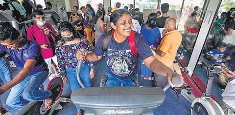 People try out gym equipment at President Gotabaya Rajapaksa’s official residence in Colombo, Sri Lanka, on Monday | AP
