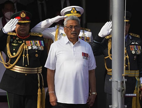 Sri Lankan president Gotabaya Rajapaksa sings the national anthem of Sri Lanka during the country's Independence Day celebration in Colombo. (Photo | AP)