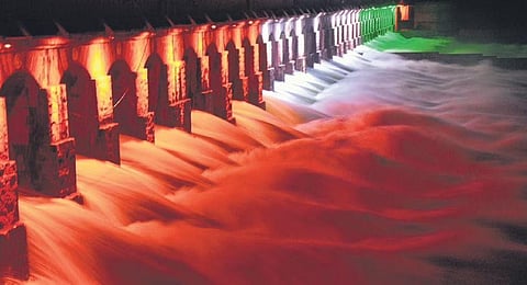 KRS in Mandya was illuminated in the colours of national flag. Following heavy rain in the Western Ghats, the inflow into the dam has increased over the last couple of days | s udayshankar