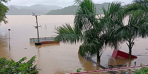 Devipatnam mandal gonduru village pochamma gandi temple completely submerged in Polavaram backwater. (Photo | Express)