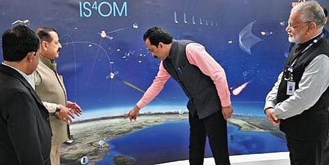 Union MoS for Science and  Technology Jitendra Singh with ISRO Chairman S Somnath and former space agency chief K Radhakrishnan at the inauguration of IS4OM in Bengaluru on Monday | Nagaraja Gadekal