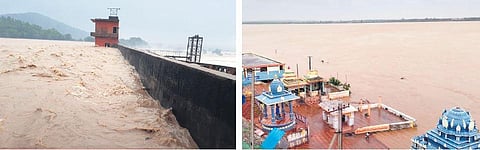 Water touches the embankment of the Kadam project, left, while temples on the banks of a swollen River Godavari, right, are partially submergerd  on Wednesday