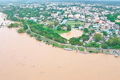 As inflows continue into the River Godavari, Bhadrachalam, the temple town, resembles an island on Friday