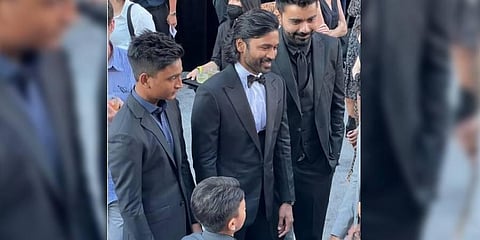 Actor Dhanush with his sons on the red carpet. (Photo | Dhanush Twitter)