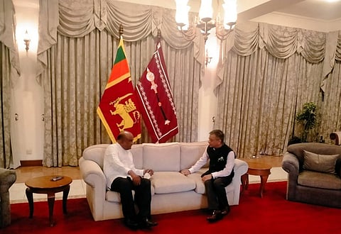 Indian High Commissioner to Sri Lanka Gopal Baglay calls on Sri Lankan Speaker Mahinda Yapa Abeywardena in Colombo. (Photo | Twitter)