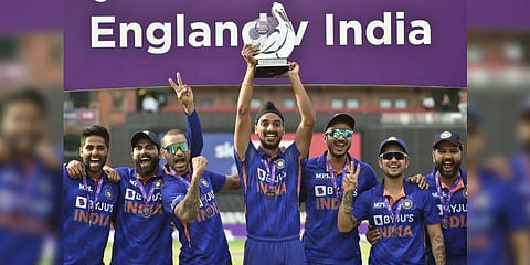 India players pose with the trophy after India win the third one day international cricket match and the series against England at Old Trafford.(Photo | AP)