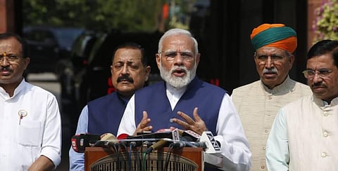 Prime minister Narendra Modi addresses the media on the first day of monsoon session at Parliament House in New Delhi on Monday. (Photo | Shekhar Yadav/EPS)
