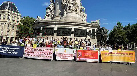 The World Hindu Federation and some other religious minority outfits held a protest demonstration in Paris on July 13. (Photo | Special arrangement)