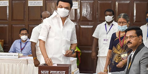 Tamil Nadu CM MK Stalin casts his vote for the election of the President, at Tamil Nadu Assembly in Chennai. (Photo| PTI)
