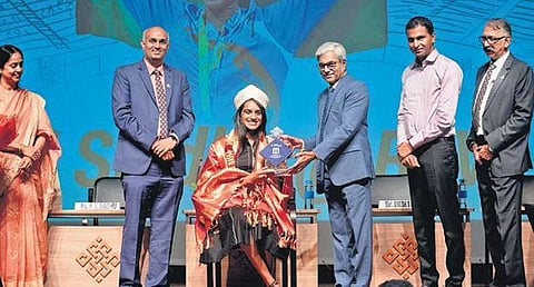 Shuttler PV Sindhu being felicitated by REVA University on Monday