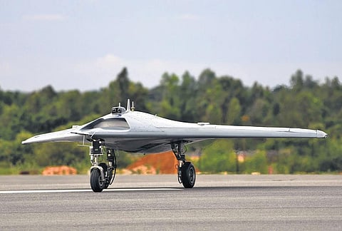 Autonomous Flying Wing Technology Demonstrator being flight tested by DRDO from the Aeronautical Test Range, in Chitradurga. (Photo | PTI)