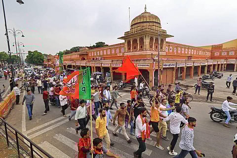BJP leaders take out a rally during a 'bandh' called by various Hindu organisations to protest against the murder of tailor Kanhaiya Lal in Udaipur. (Photo | PTI)
