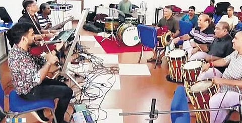 Mattannur Sankarankutty and Prakash Ulliyeri during a practice session with members of the new band at Dhoni in Palakkad district