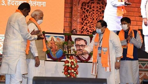 PM Narendra Modi and BJP national president JP Nadda inaugurating the National Executive Meeting at HICC Hyderabad. (Photo | Twitter/@MPRBJP)