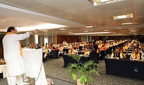 BJP president JP Nadda addressing the participants during the party's national executive meeting in Hyderabad on Saturday. (Photo | Twitter/@JPNadda)
