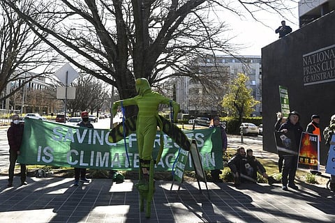 Environmental activists protest outside the National Press Club, where Minister for the Environment and Water Tanya Plibersek is scheduled to speak, in Canberra. (Photo | AP)