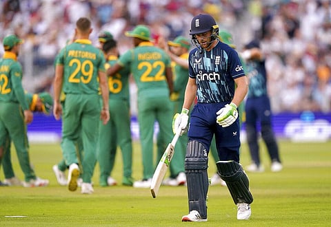 England's Jos Buttler leaves the pitch after being caught and bowled by South Africa's Tabraiz Shamsi during the first One Day International match. (Photo | AP)