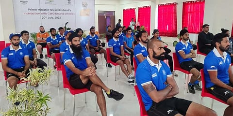 CWG bound athletes virtually interacting with PM Modi.(Photo | Twitter, SAI Media)