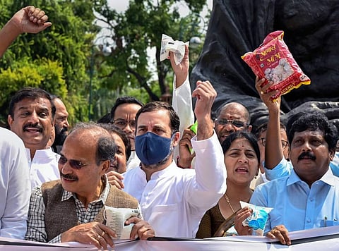 Congress MP Rahul Gandhi with Adhir Ranjan Chowdhury and other opposition MPs during a protest against inflation and the decision to increase GST on food items, near the Gandhi statue. (Photo | PTI)