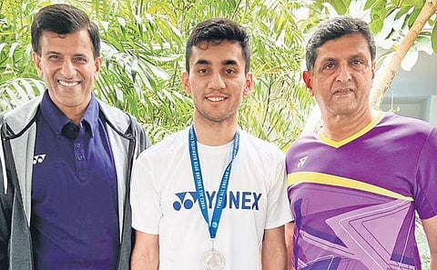 (From left) Vimal Kumar, Lakshya Sen and Prakash Padukone