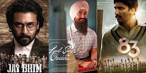 Posters of Suriya-starrer 'Jai Bhim', Aamir Khan-starrer 'Laal Singh Chaddha', and Ranveer Singh-fronted cricket drama '83'. (Photo | IMDb)