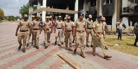 Kallakurichi SP P Pakalavan and other cops at the school. (Photo| Special Arrangement)