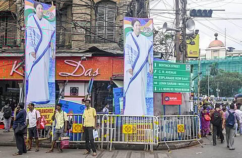 Cutouts of TMC Supremo and West Bengal Chief Minster Mamata Banerjee placed on the city street on the eve of Martyr's Day, in Kolkata, Wednesday, July 20, 2022. (Photo | PTI)
