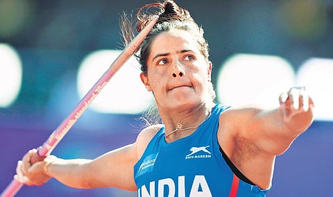 India’s javelin thrower Annu Rani managed 59.60m in her last attempt to qualify for the final at the World Athletics Championships (Photo| AFP)