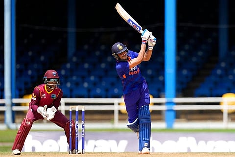 India's Shubman Gill hits a six from the bowling of West Indies' Gudakesh Motie during the first ODI cricket match in Port of Spain, Trinidad and Tobago, on July 22, 2022. (Photo | AP)