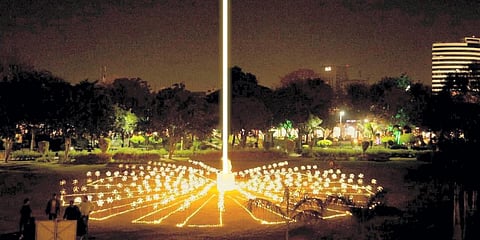 A sky beam light installed at Central Park in Delhi, as part of 'Azadi ke Amrit Mahotsav.' (Photo | PTI)