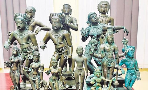 Statuettes, suspected to be antiques, seized from a Thanjavur art dealer by the Idol Wing police. (Photo| EPS)