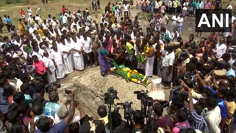 The last rites of Class 12 Kallakurichi girl were performed in a burial ground on July 23, 2022. (Photo | ANI Twitter)