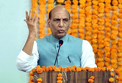 Defence Minister Rajnath Singh addresses at the commemoration ceremony of the 'Kargil Vijay Diwas', in Jammu on Sunday. (Photo | ANI)