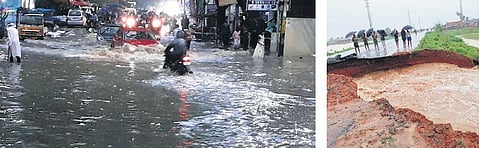Motorists negotiate through a water-logged road in Tolichowki, Hyderabad on Sunday. A road caves in at Arjungutta of Mancherial district