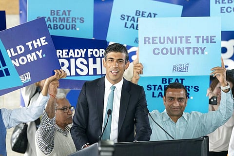 Former Treasury chief Rishi Sunak, delivers a speech at Vaculug tyre specialists as part of his campaign. (Photo | AP)