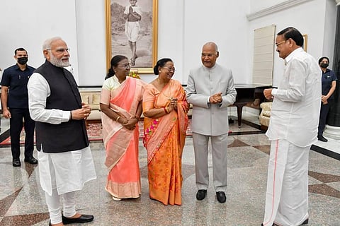 President Ram Nath Kovind hosted dinner for President-elect Droupadi Murmu, Vice President Venkaiah Naidu, Prime Minister Narendra Modi. (Photo | PTI)
