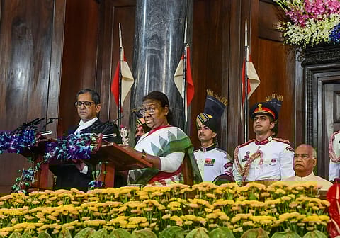 President Droupadi Murmu speaks after taking oath in the Central Hall of Parliament, in New Delhi, Monday, July 25, 2022.  (Photo | PTI)