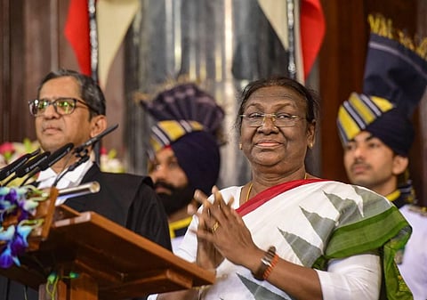 President Droupadi Murmu with CJI Justice N V Ramana during her oath ceremony in the Central Hall of Parliament, in New Delhi. (Photo | PTI)