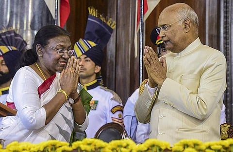 Droupadi Murmu sworn in as India's 15th President at an impressive ceremony in the packed and historic Central Hall of Parliament.  (Photo | PTI)