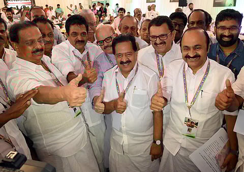 Congress leaders K Sudhakaran, K C Venugopal, Ramesh Chennithala,  K Muraleedharan and V D Satheesan after the Kozhikode Declaration, at the valedictory of the two-day Chintan Shivir in Kozhikode.