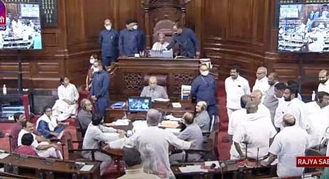 The Opposition was protesting against price rises and inflation inside the House. (Photo | ANI)