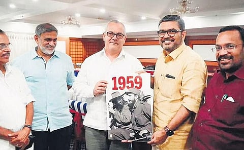 Cuban Ambassador to India Alejandro Simancas Marin with Speaker M B Rajesh and Revenue Minister K Rajan at the Kerala Assembly on Monday