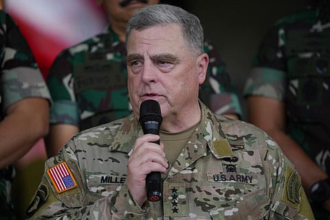 U.S. Chairman of the Joint Chiefs of Staff Gen. Mark Milley talks to the media after his meeting with Indonesian Armed Forces Chief Gen. Andika Perkasa. (Photo | AP)
