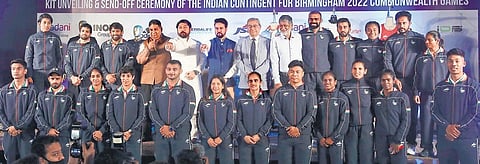(From left to right) IOA secretary general Rajeev Mehta, minister of state for sports Nisith Pramanik, union sports minister Anurag Thakur and IOA acting president Anil Khanna with athletes during CWG